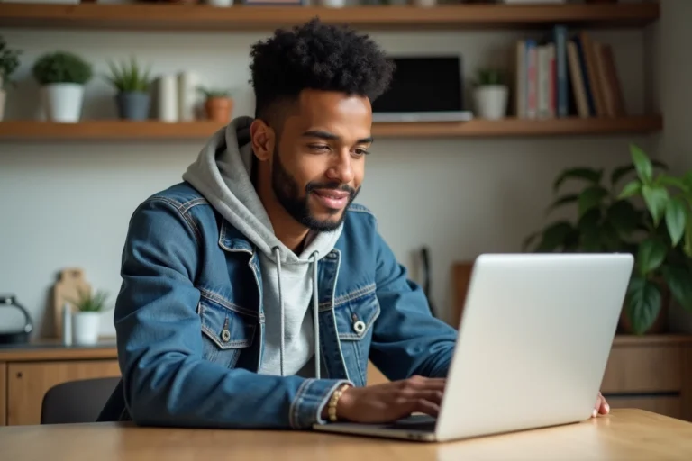 Jeune homme en denim et hoodie utilisant un laptop dans une cuisine moderne