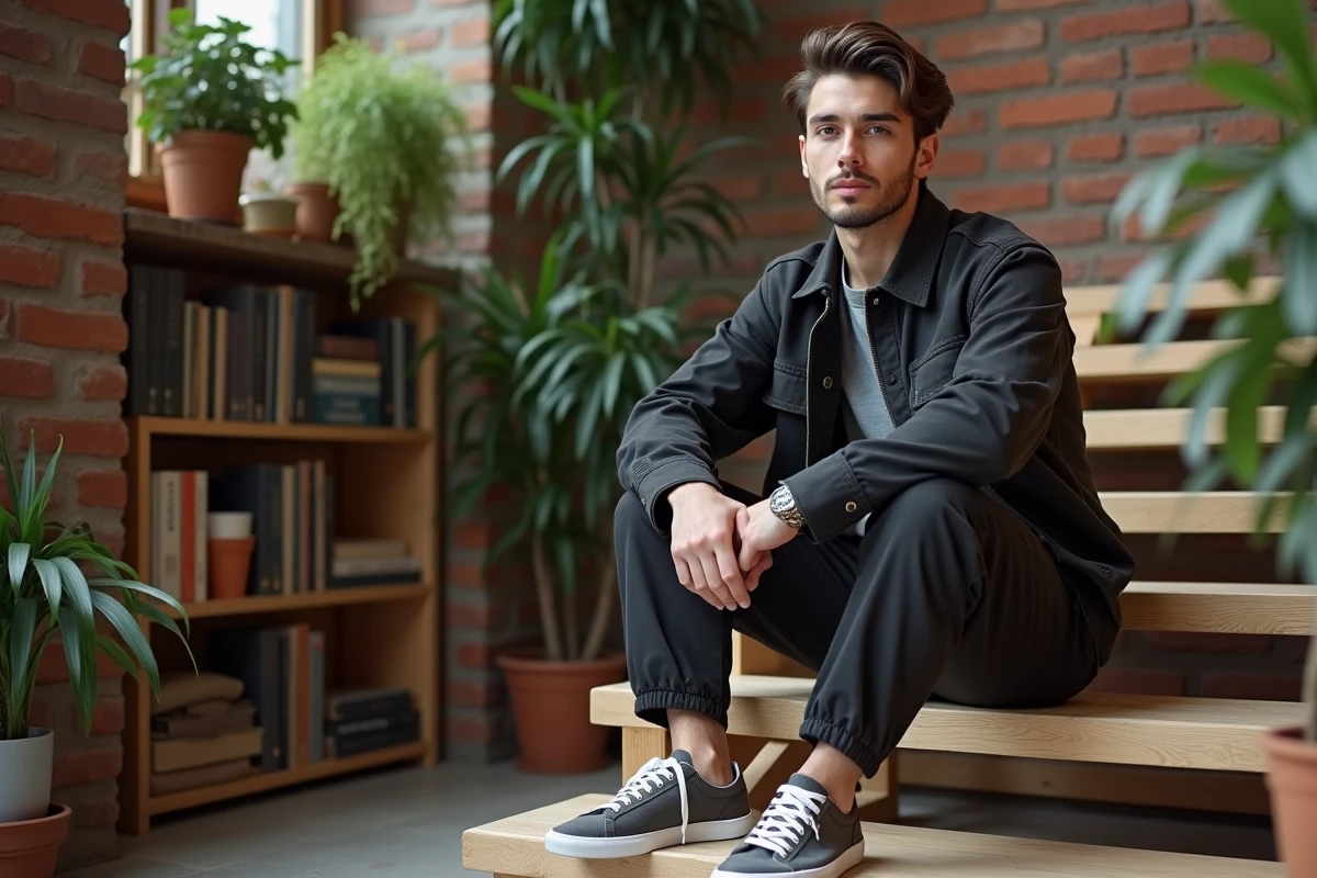 Homme en veste utilitaire dans un loft moderne