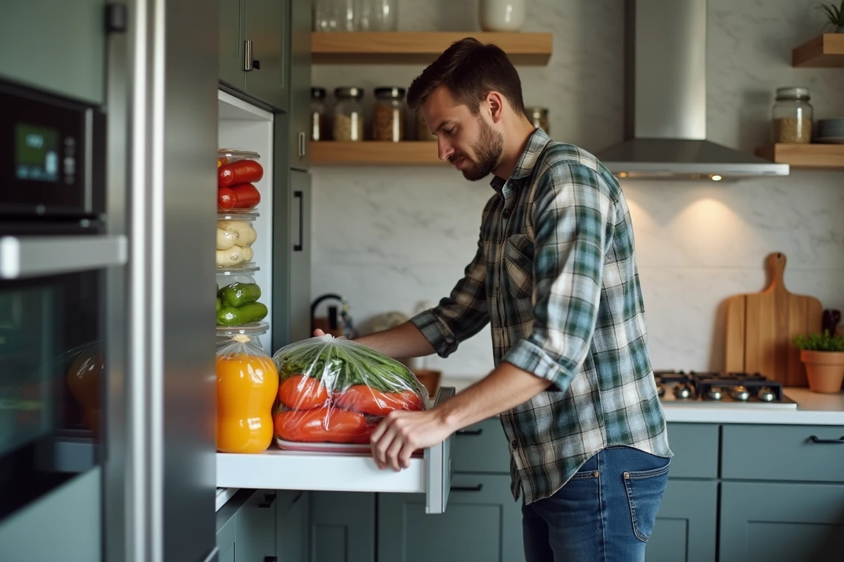 Jeune homme rangeant des sacs de légumes dans le frigo