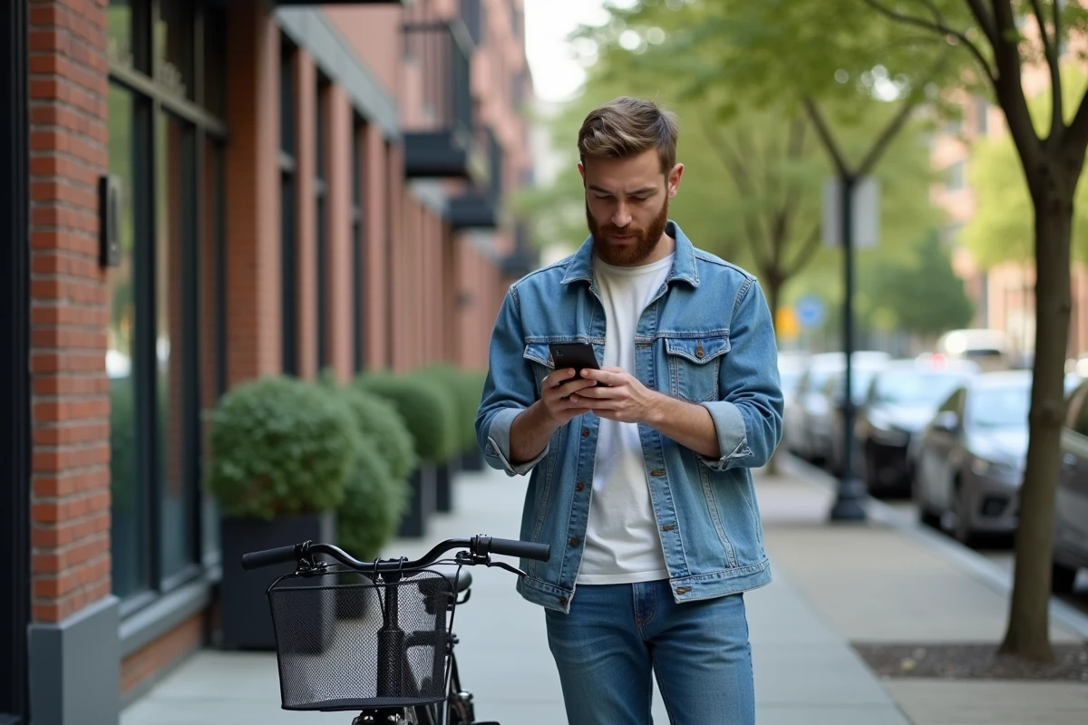 Jeune homme prenant en photo son vélo en ville
