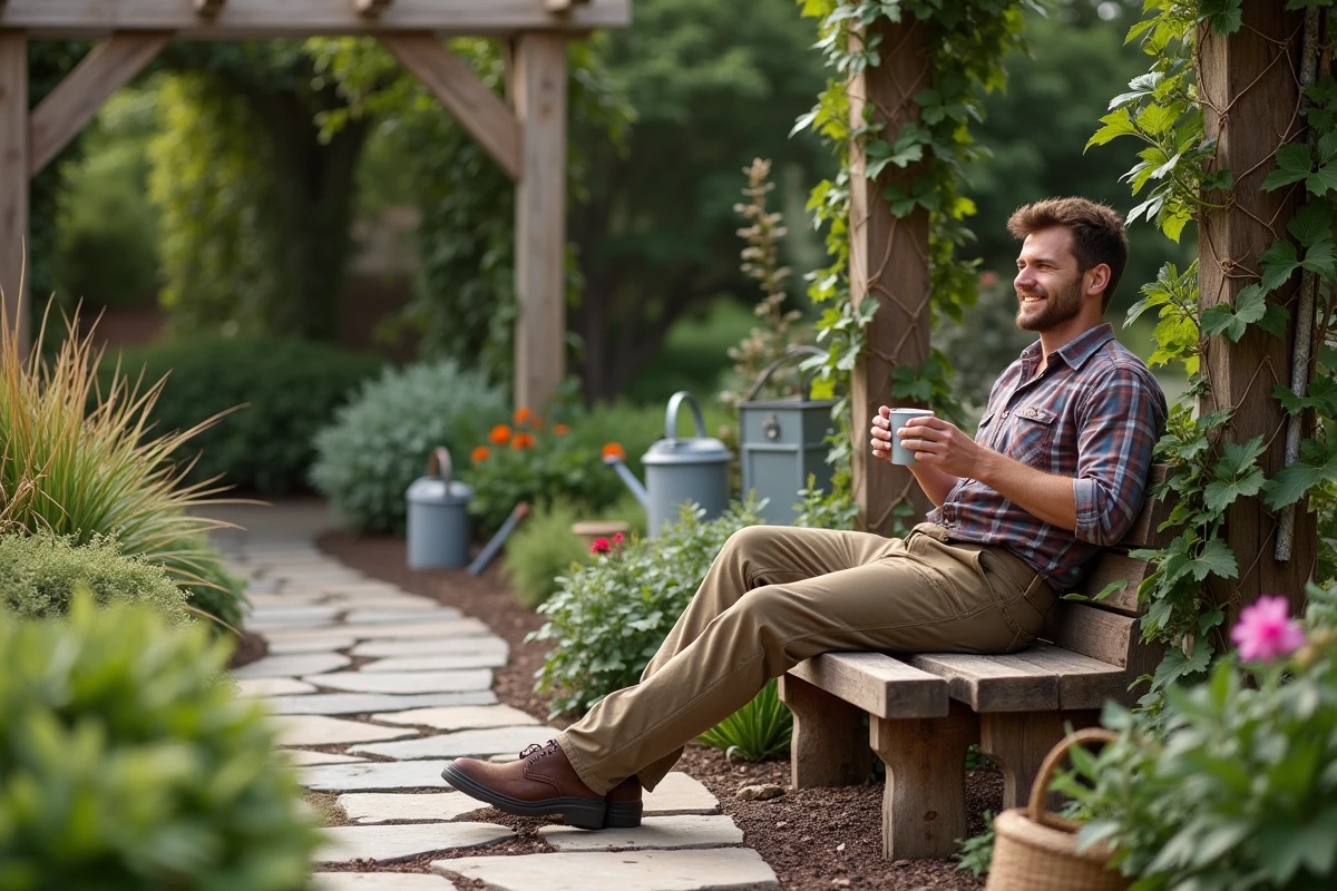 Jeune homme détendu sur un banc de jardin
