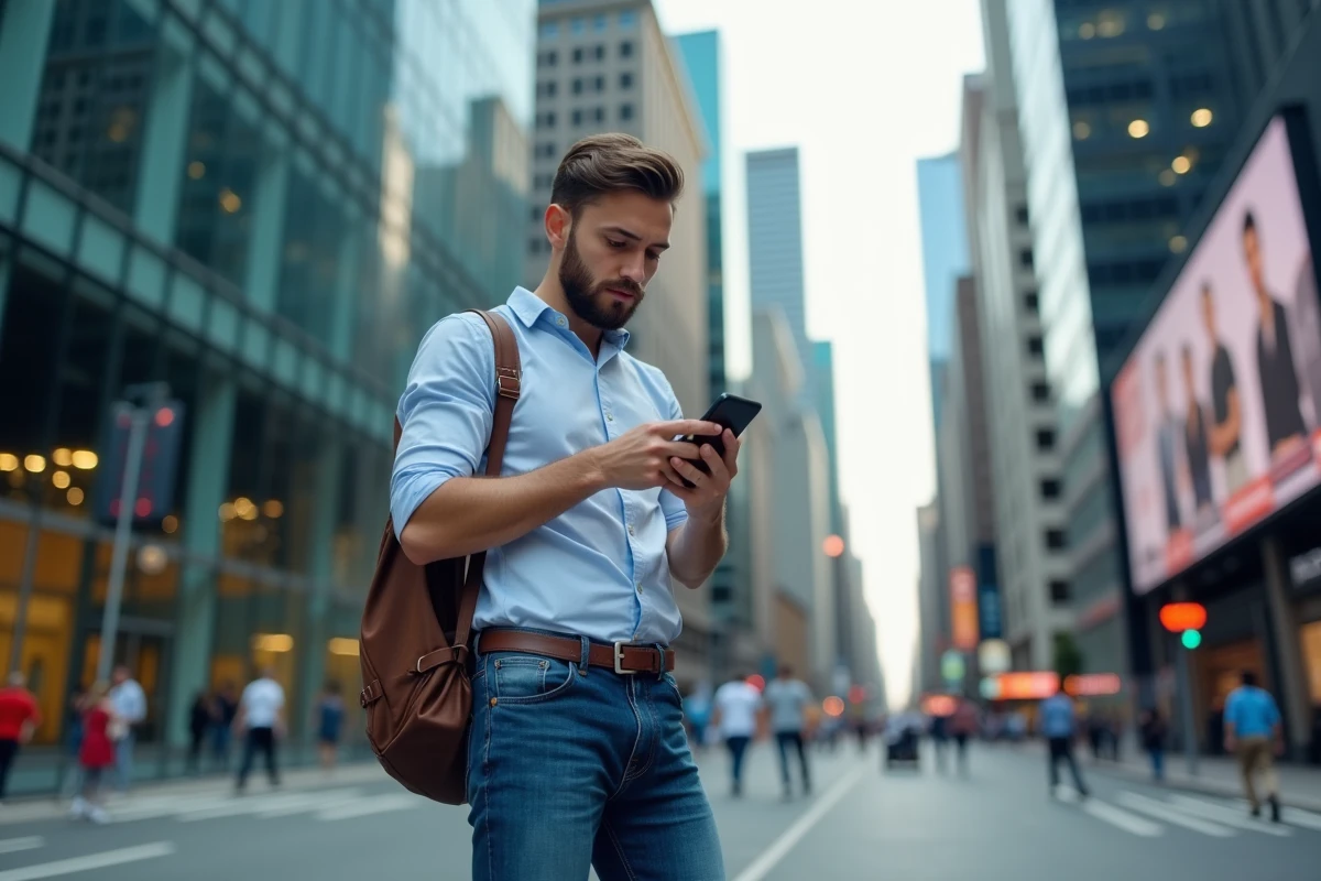 Jeune homme vérifiant ses actualités sur smartphone en ville