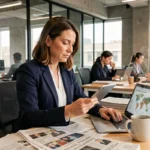 Journaliste française concentrée dans une salle de rédaction moderne consultant des actualités sur tablette