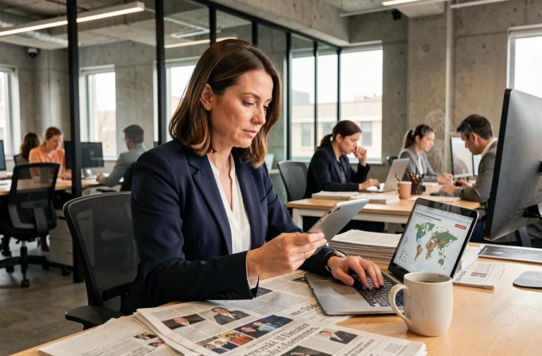 Journaliste française concentrée dans une salle de rédaction moderne consultant des actualités sur tablette