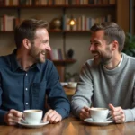 Deux hommes assis dans un café parisien, souriant et partageant un moment intime autour d'un café, illustrant la vie privée partagée d'un couple