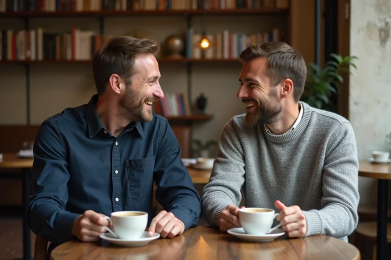 Deux hommes assis dans un café parisien, souriant et partageant un moment intime autour d'un café, illustrant la vie privée partagée d'un couple