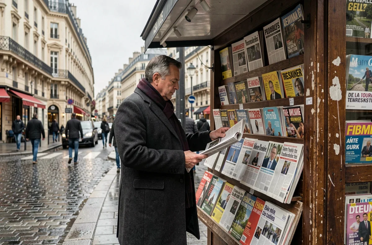 Homme parcourant des journaux français et internationaux à un kiosque à journaux parisien en plein air