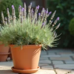 Plant de lavande tombante dans un pot en terre cuite sur une terrasse en pierre, avec des tiges affaissées et un feuillage jaunissant à la base