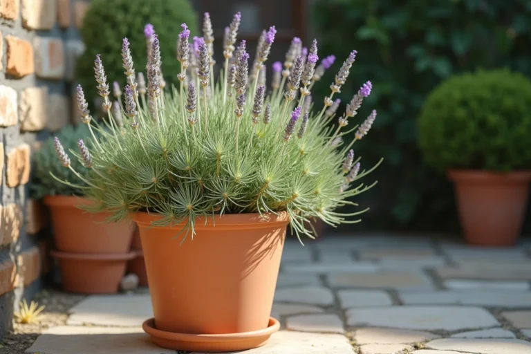 Plant de lavande tombante dans un pot en terre cuite sur une terrasse en pierre, avec des tiges affaissées et un feuillage jaunissant à la base
