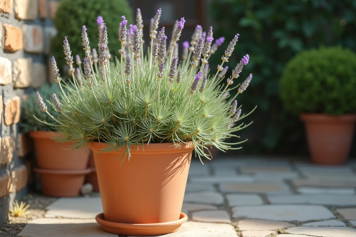Plant de lavande tombante dans un pot en terre cuite sur une terrasse en pierre, avec des tiges affaissées et un feuillage jaunissant à la base