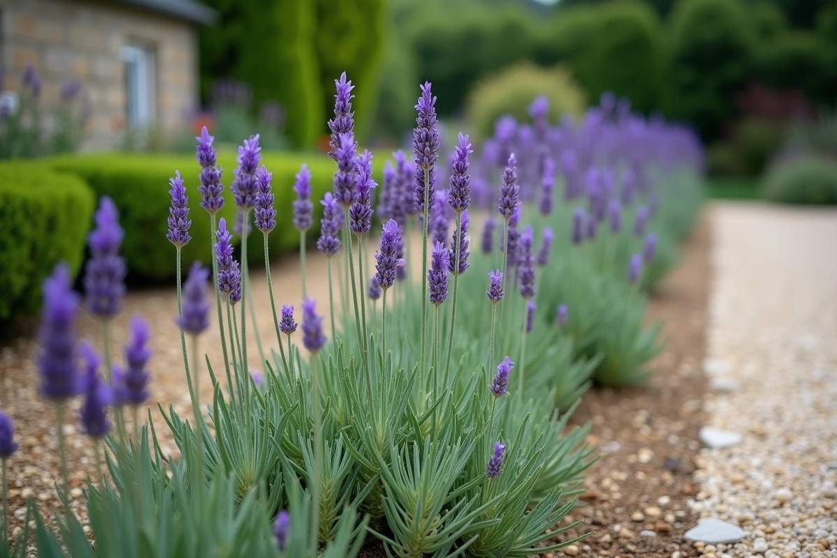 Massif de lavandes en jardin de campagne avec des plants en bonne santé et d'autres affaissés aux tiges ligneuses dénudées