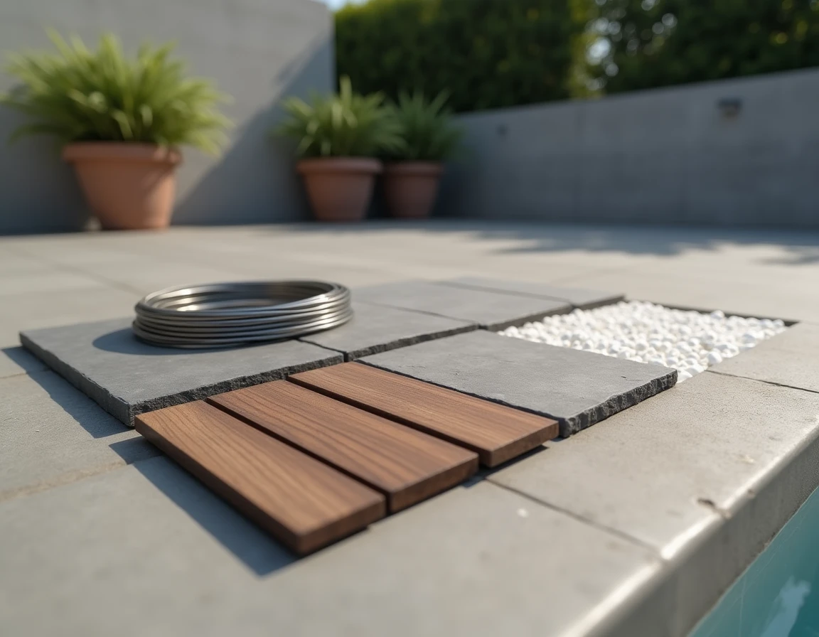 Sélection de matériaux haut de gamme pour aménagement extérieur incluant ardoise, lame de terrasse composite, câble inox et gravier marbre blanc