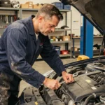 Mécanicien automobile inspectant le moteur d'une voiture dans un garage professionnel