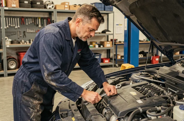 Mécanicien automobile inspectant le moteur d'une voiture dans un garage professionnel