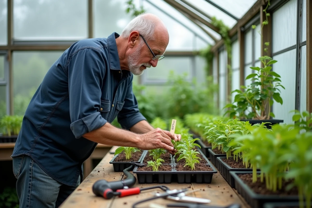 Jardinier arrangeant des boutures en rangées dans des plateaux de multiplication en serre