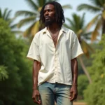 Musicien jamaïcain grand et élancé aux dreadlocks dans un jardin tropical verdoyant, évoquant la silhouette et l'univers de Bob Marley
