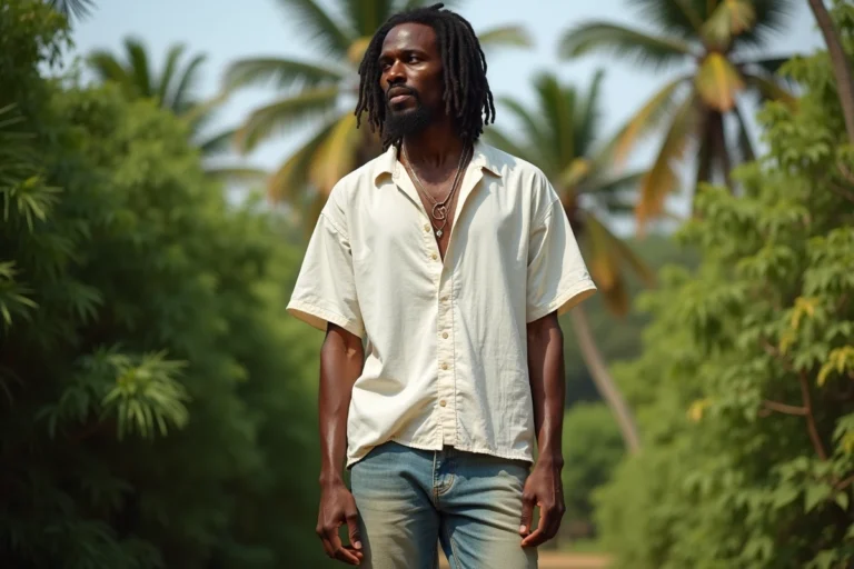 Musicien jamaïcain grand et élancé aux dreadlocks dans un jardin tropical verdoyant, évoquant la silhouette et l'univers de Bob Marley