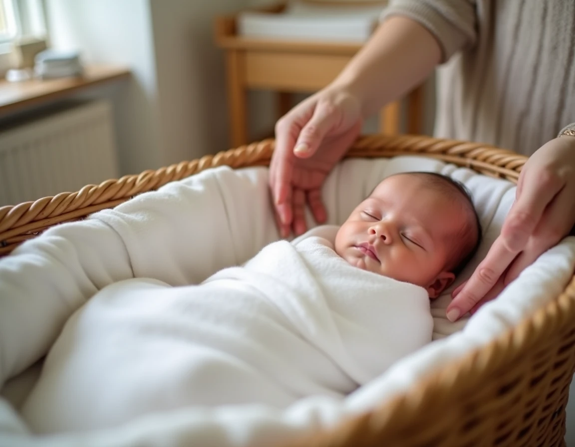 Nouveau-né enveloppé dans un lange blanc dans un berceau, illustrant l'arrivée d'un bébé et la prime de naissance Mercer