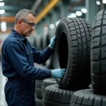 Ouvrier industriel inspectant un pneu Sebring dans l'usine