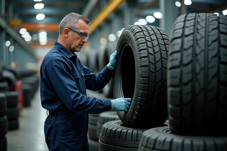 Ouvrier industriel inspectant un pneu Sebring dans l'usine