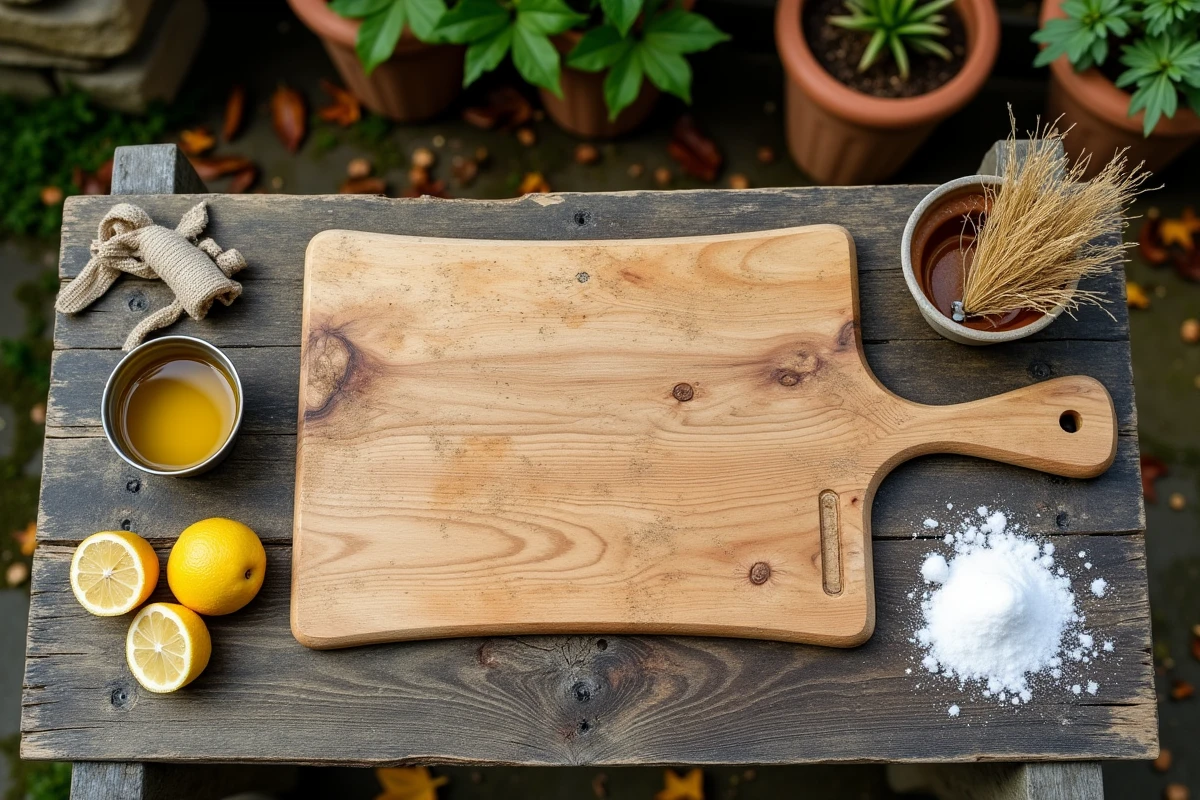 Planche à découper en bois usée entourée d'ingrédients naturels pour la restaurer et la recycler dans un jardin écologique