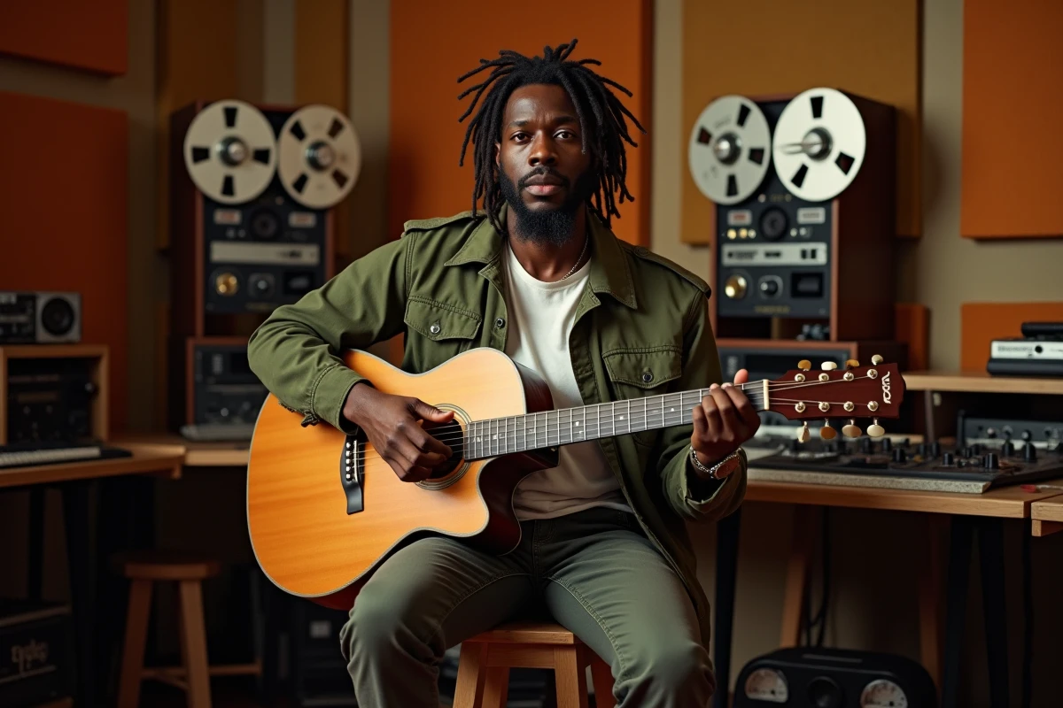 Portrait d'un musicien jamaïcain aux dreadlocks dans un studio d'enregistrement vintage, évoquant l'héritage musical et la carrière de Bob Marley