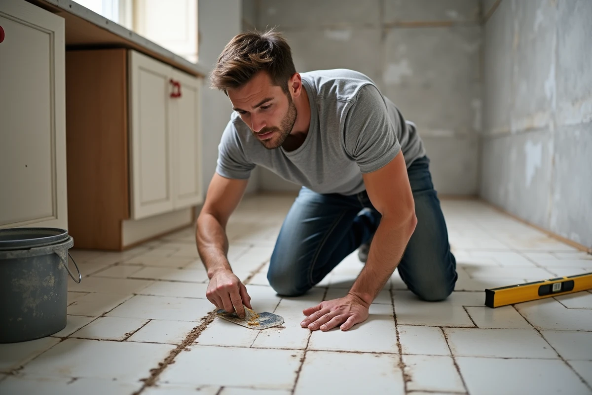 Homme posant du carrelage en céramique dans une cuisine en cours de rénovation
