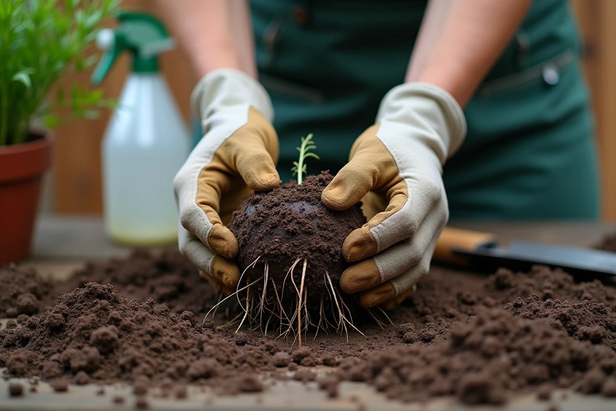 Mains gantées d'un jardinier inspectant les racines abîmées d'un plant de lavande extrait du sol argileux humide