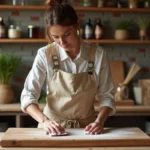 Femme ponçant une vieille planche à découper en bois sur un établi artisanal pour la recycler de façon écologique