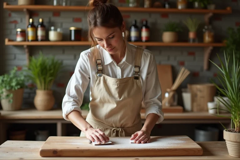Femme ponçant une vieille planche à découper en bois sur un établi artisanal pour la recycler de façon écologique