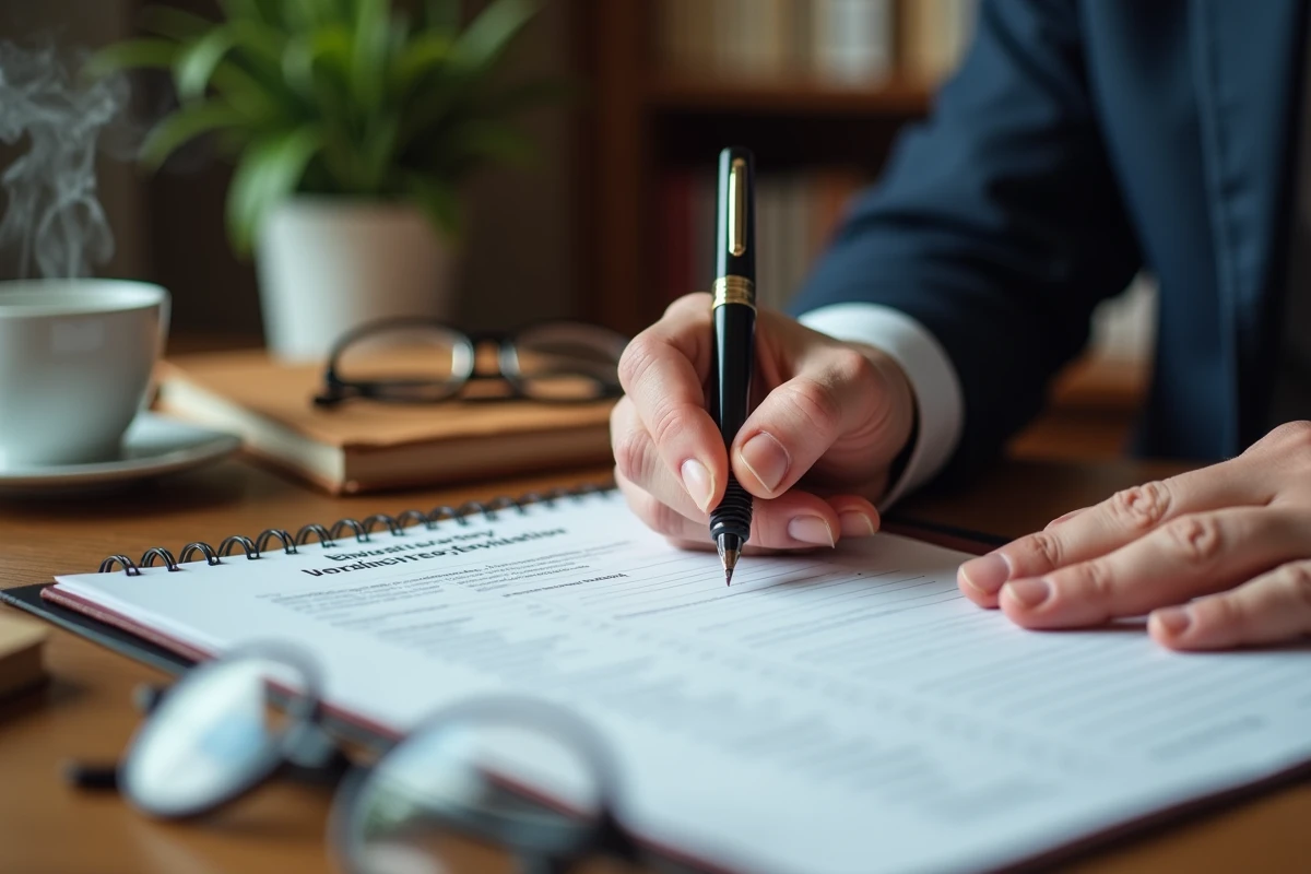 Gros plan sur les mains d'un tuteur rédigeant à la main une appréciation de stage sur un formulaire d'évaluation