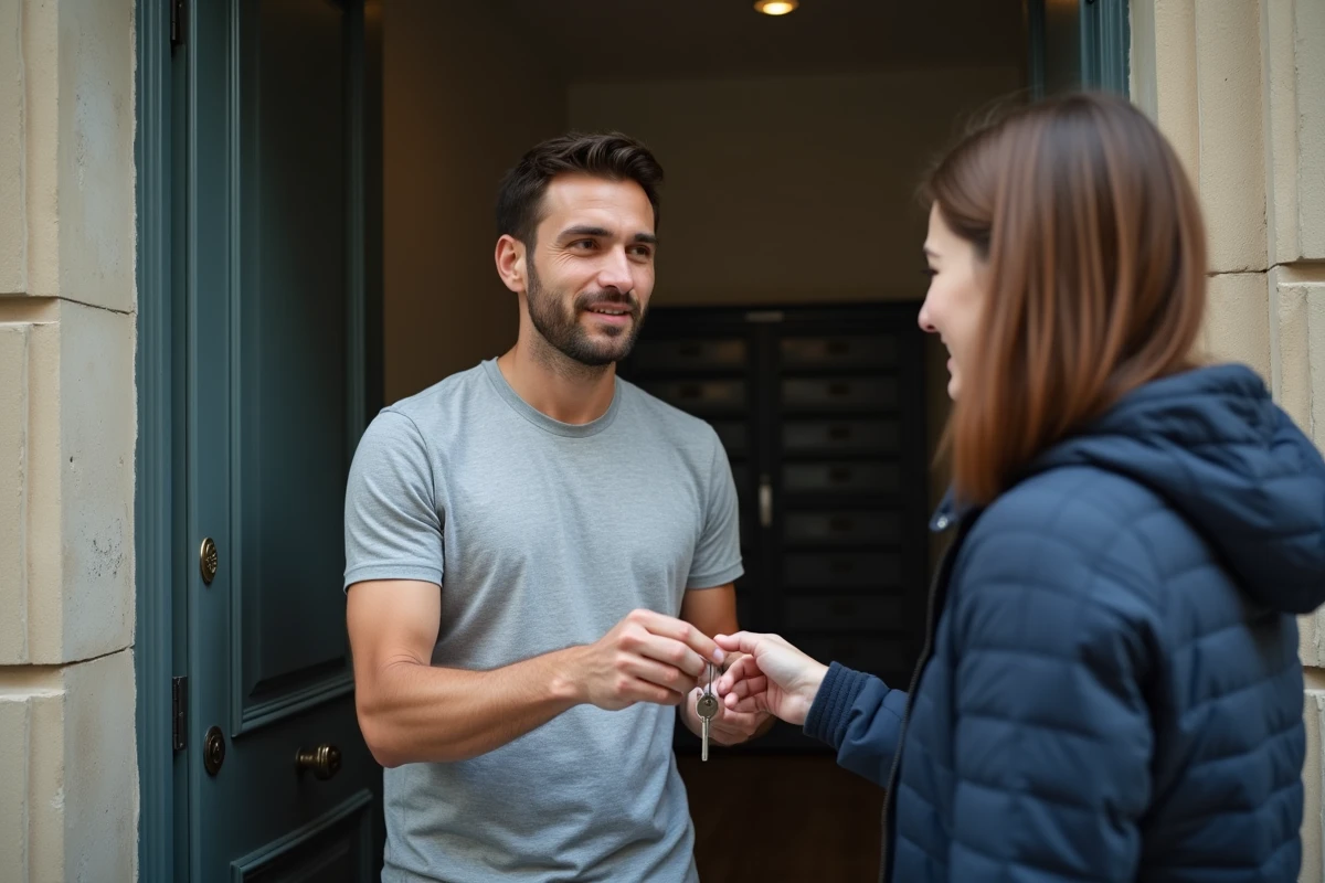 Remise de clés entre hébergeant et personne hébergée à titre gratuit devant un immeuble résidentiel