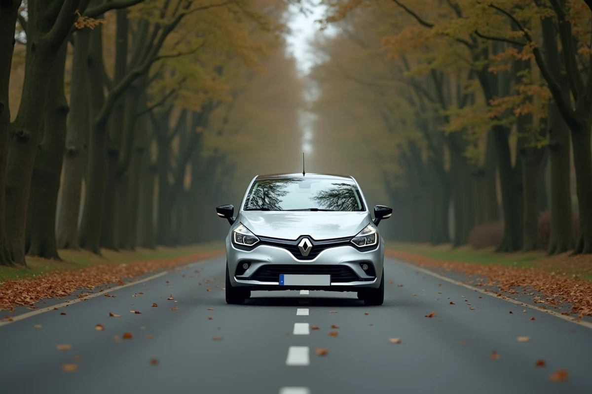 Renault Clio 2 grise roulant sur une route départementale française déserte en automne avec un kilométrage restant incertain