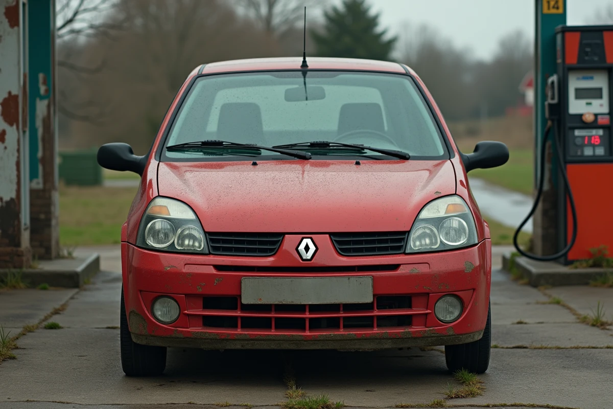 Renault Clio 2 rouge garée à une station-service rurale avec jauge de carburant presque vide visible sur le tableau de bord