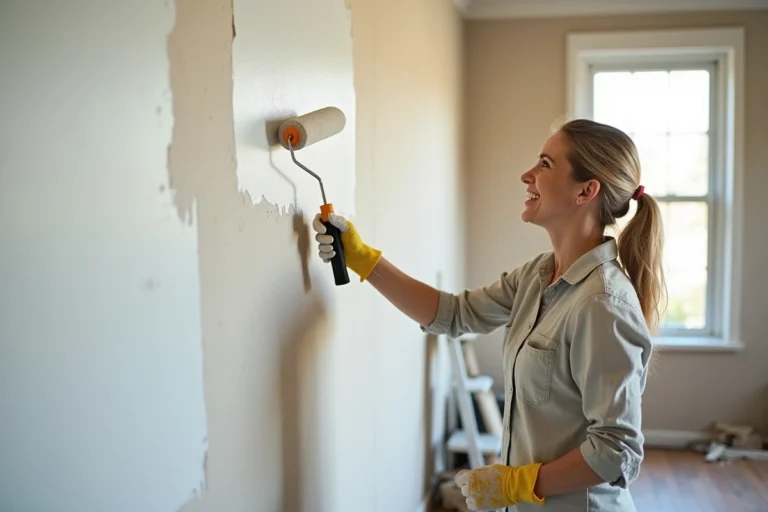 Femme en train de peindre un mur intérieur en blanc lors de travaux de rénovation maison