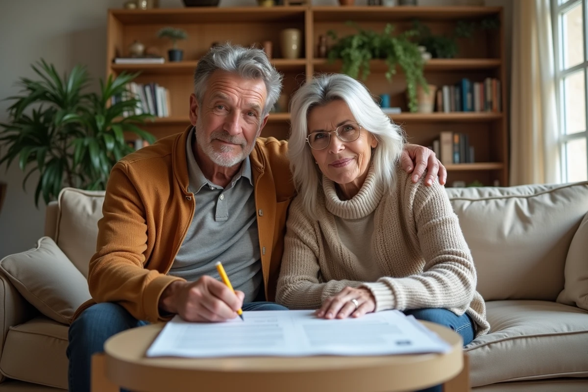 Couple signant une attestation d'hébergement à titre gratuit dans un salon familial