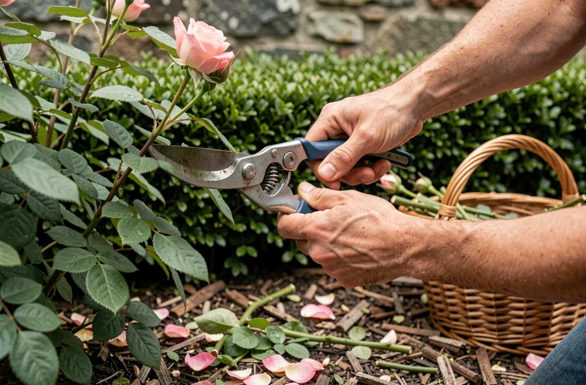 Taille précise d'un rosier avec un sécateur dans un jardin soigné, pétales et tiges au sol