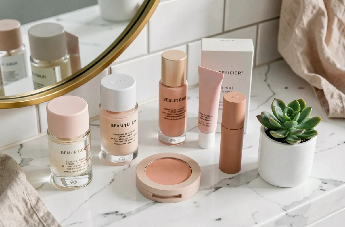 Produits de beauté et de soin tendance disposés sur un marbre blanc dans une ambiance vanité élégante et minimaliste