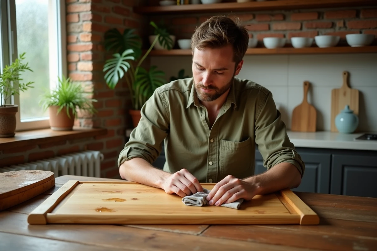 Homme appliquant de la cire d'abeille naturelle sur une planche à découper en bois recyclée dans une cuisine rustique