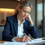 Tutrice professionnelle rédigeant une appréciation de stage à son bureau dans un open space moderne