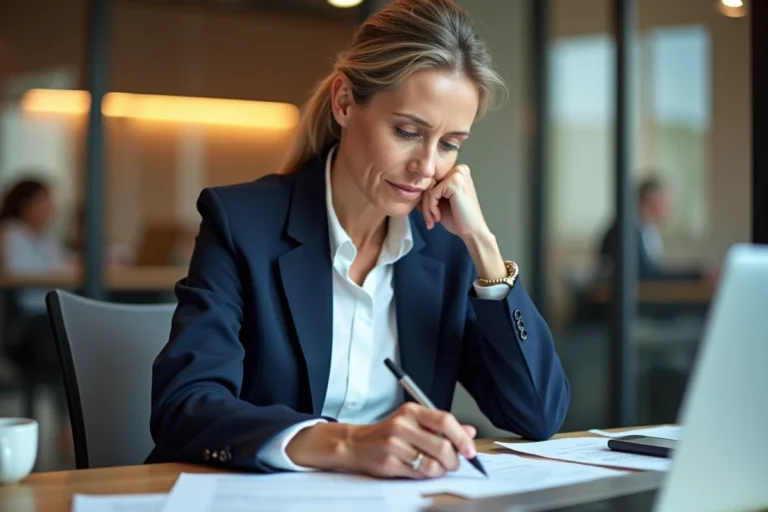 Tutrice professionnelle rédigeant une appréciation de stage à son bureau dans un open space moderne