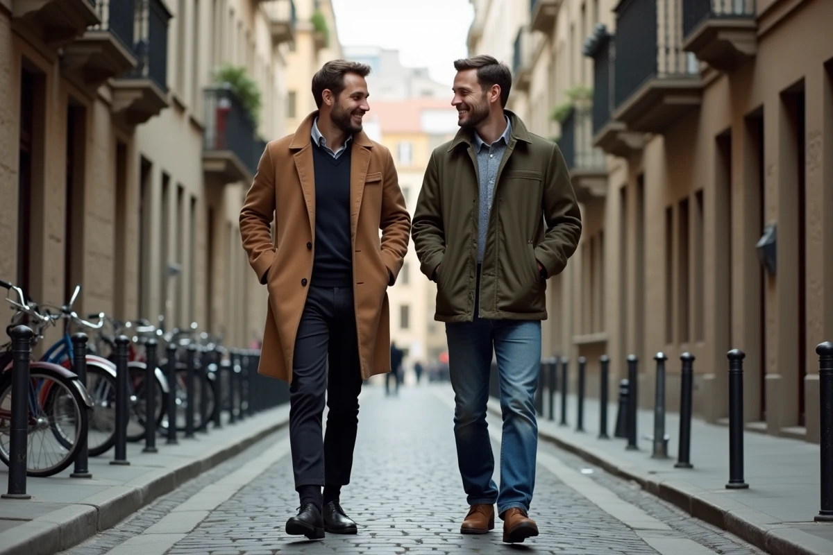 Deux hommes marchant côte à côte dans une rue pavée européenne, capturés en photo candide illustrant leur quotidien partagé et leur vie privée